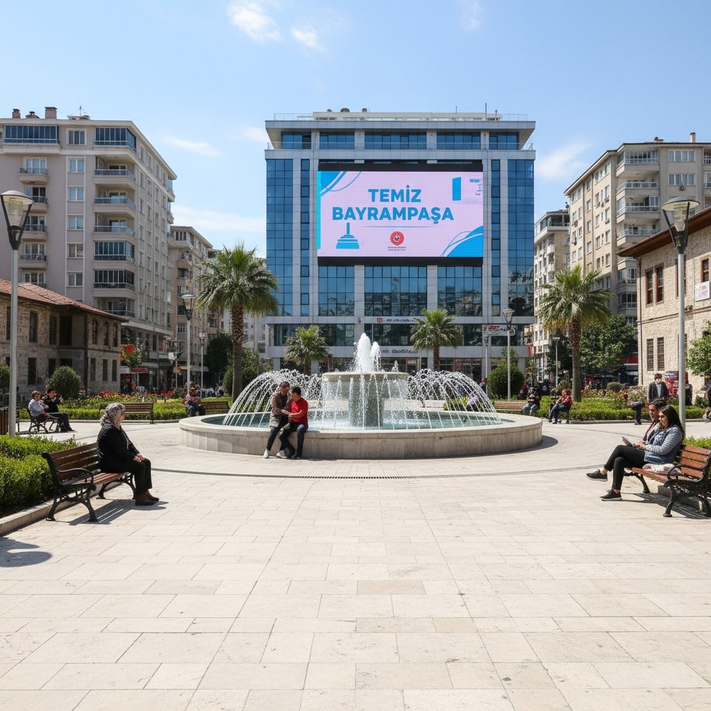 Ortasında fıskiyeli bir havuz ve arkasında "Temiz Bayrampaşa" yazılı dev ekranın bulunduğu, banklarda oturan insanlarla dolu güneşli bir şehir meydanı.
