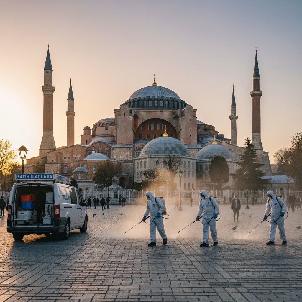Ayasofya'nın önündeki meydanda koruyucu giysiler giymiş üç kişi dezenfektan püskürtüyor.