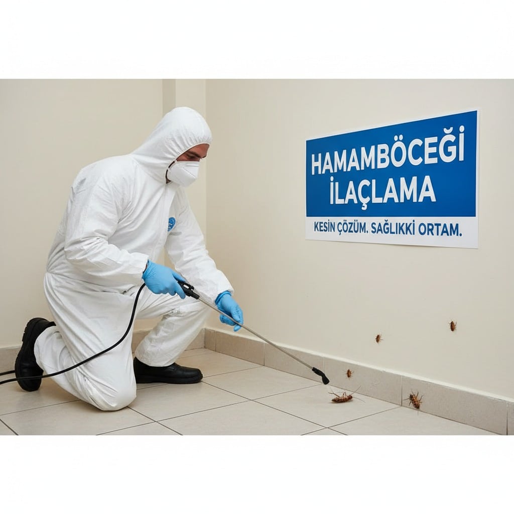 Beyaz koruyucu tulum giymiş ve maske takmış bir kişi, duvardaki "Hamamböceği İlaçlama" yazısının altında yerdeki hamamböceklerine doğru ilaçlama tabancası tutuyor.