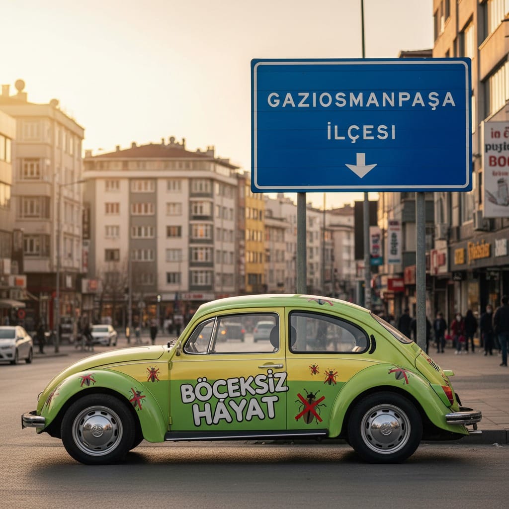 Gaziosmanpaşa ilçesini belirten mavi levhanın altında, üzerinde "Böceksiz Hayat" yazan yeşil bir klasik araba park halinde duruyor.